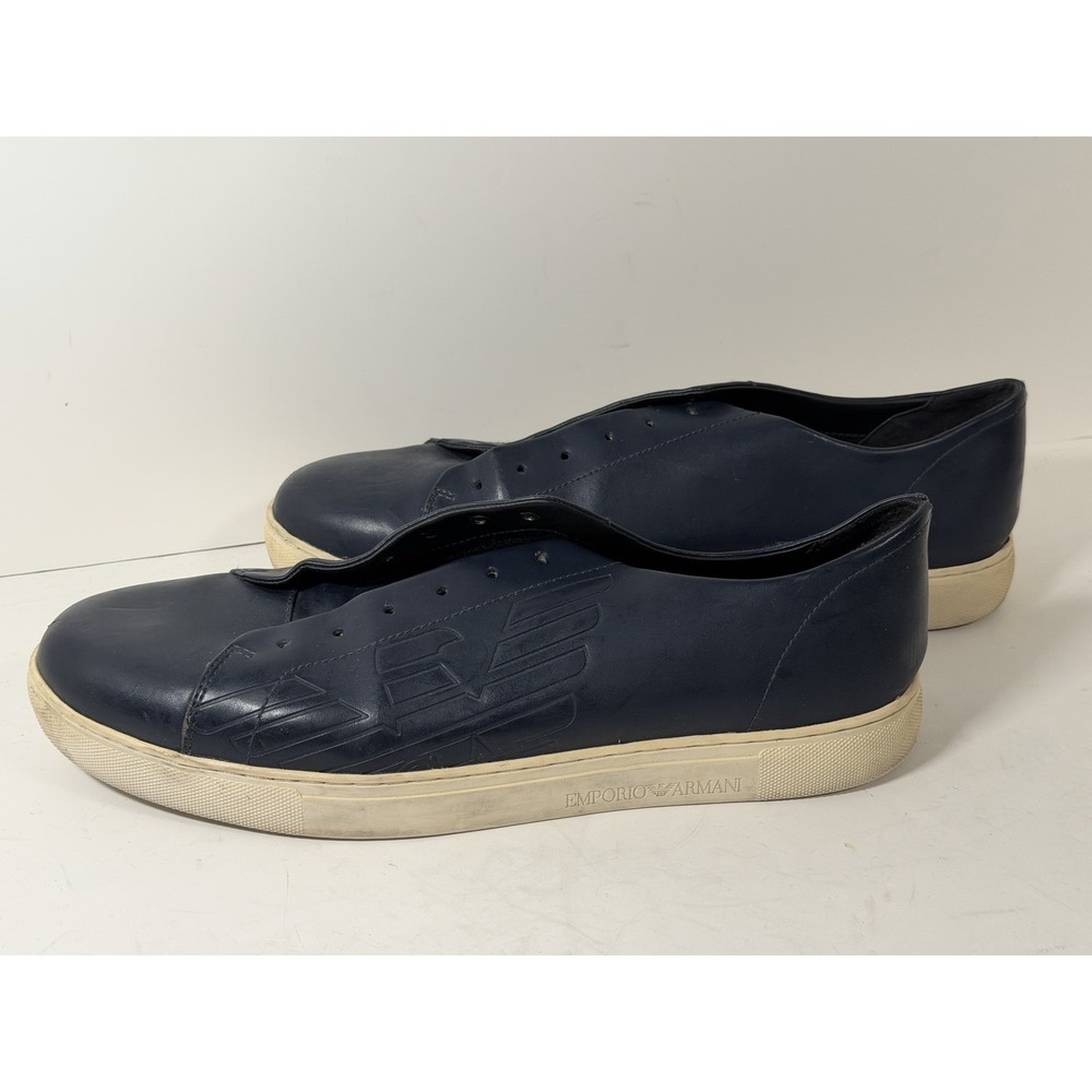Emporio Armani low-top sneakers, night blue leather w/a debossed eagle logo, M12